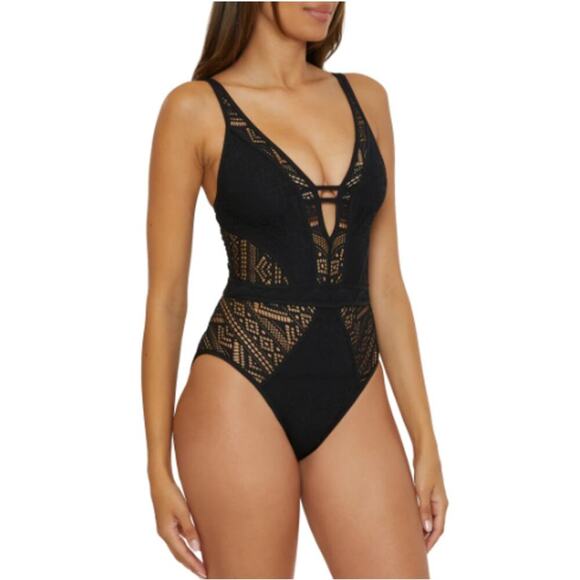 NWT BECCA Women's Black Color Play Plunge Neck One Piece Swimsuit Size M - Picture 3 of 9